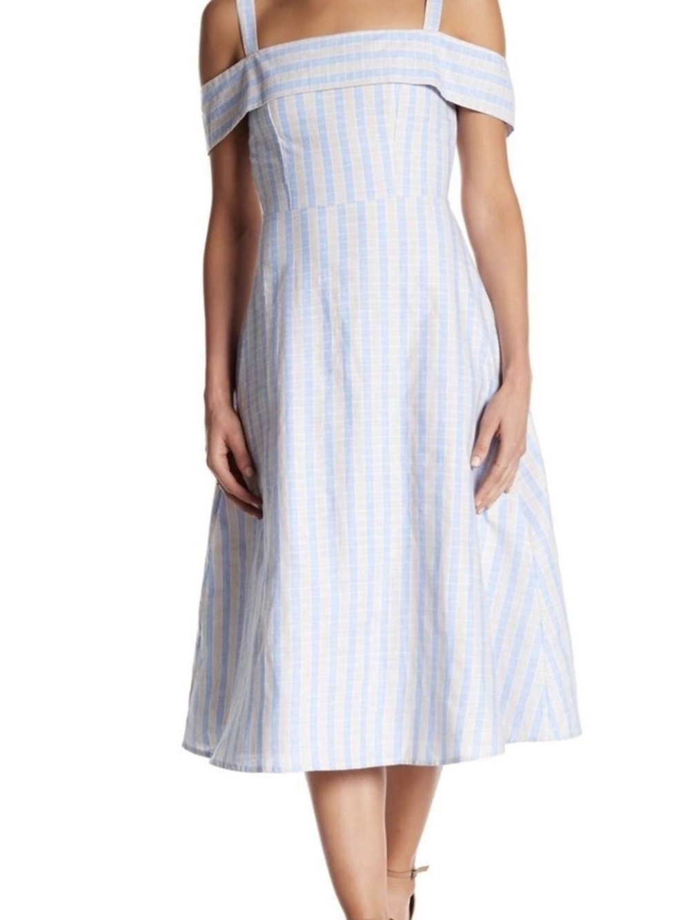 NSR Off-Shoulder Striped Midi Dress in Light Blue and White